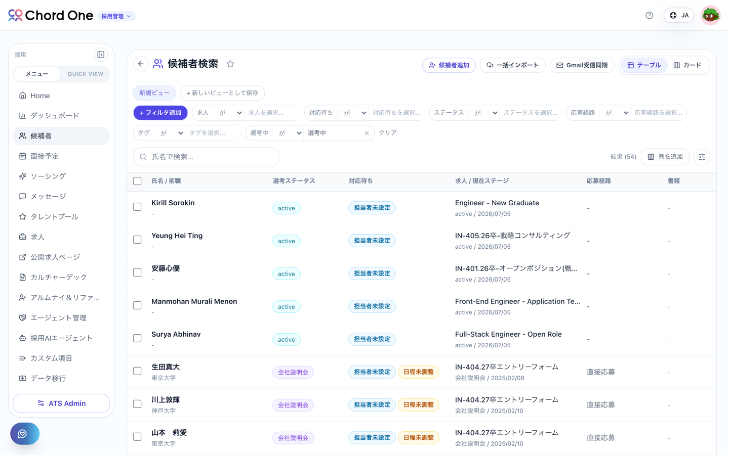 ChordOne ATSの候補者検索画面。選考ステータス・対応待ち・応募経路を一覧で把握