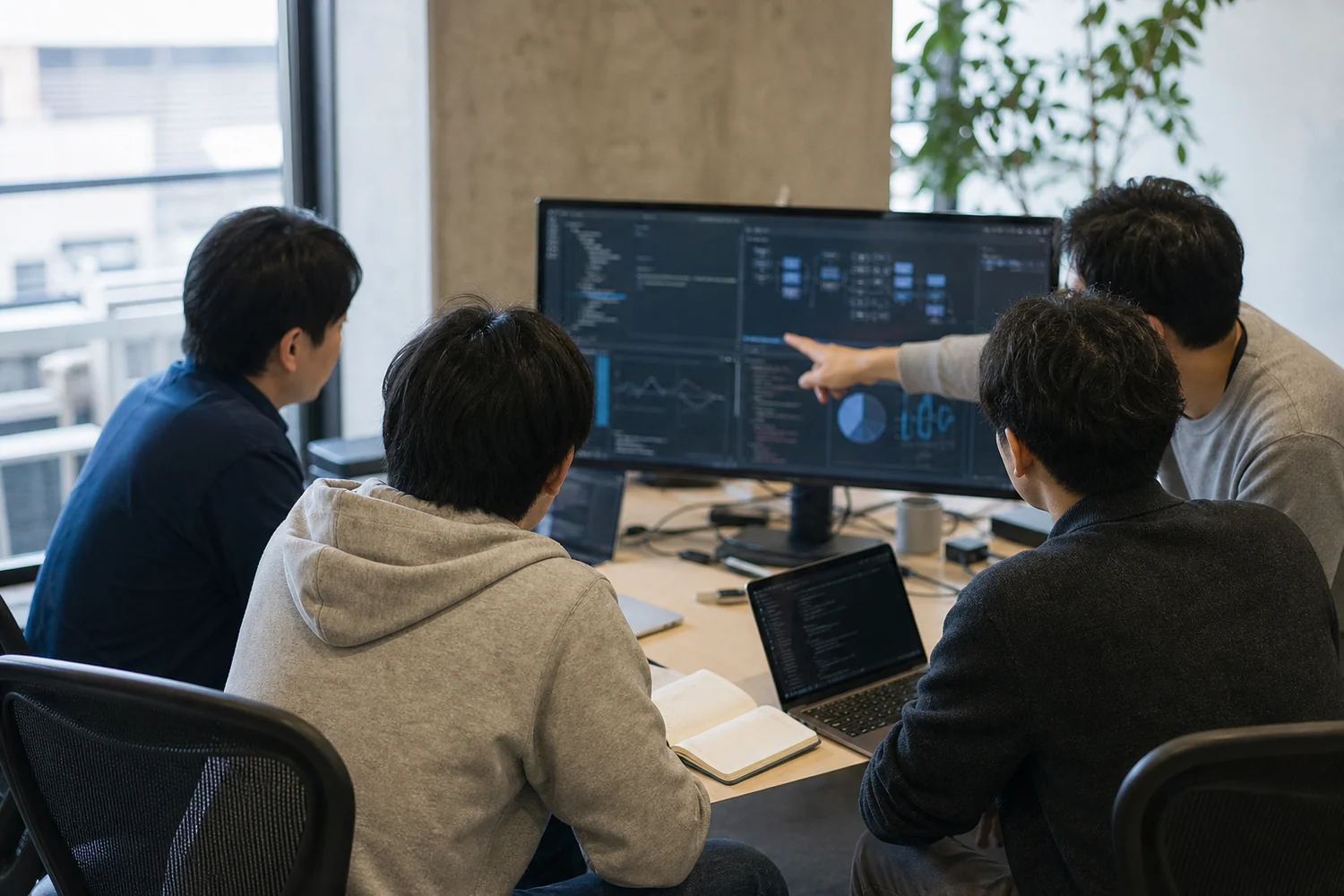 開発チームがデータを見ながら話し合う様子