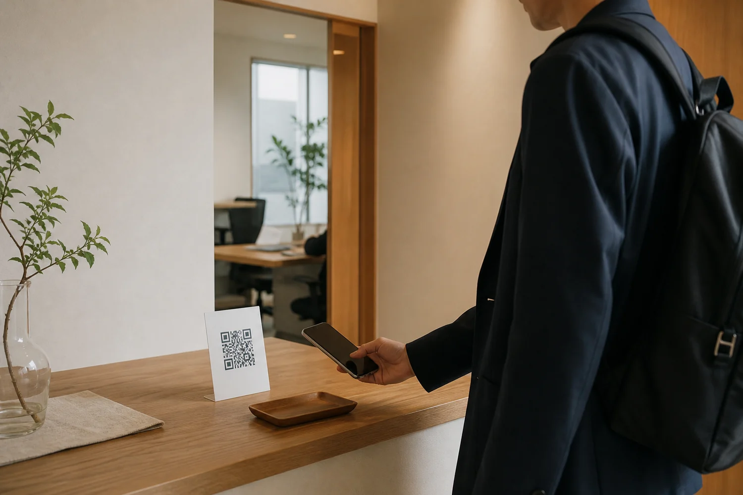オフィス受付でQRコードを読み取る来客